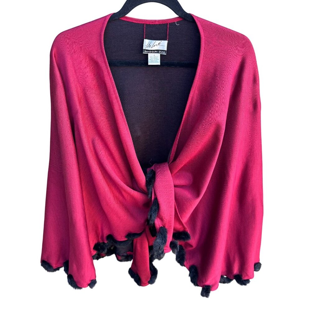 Randolph Duke The Look Red Tie-Front Cardigan Wrap‎ Glam Black Faux Fur Trim OS